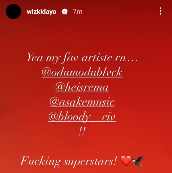 Wizkid reveals his favourite Nigerian artists at the moment. Wizkid reveals his favourite Nigerian artists at the moment.