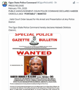 Police Declare Portable Wanted for Assaulting Ogun State Officials